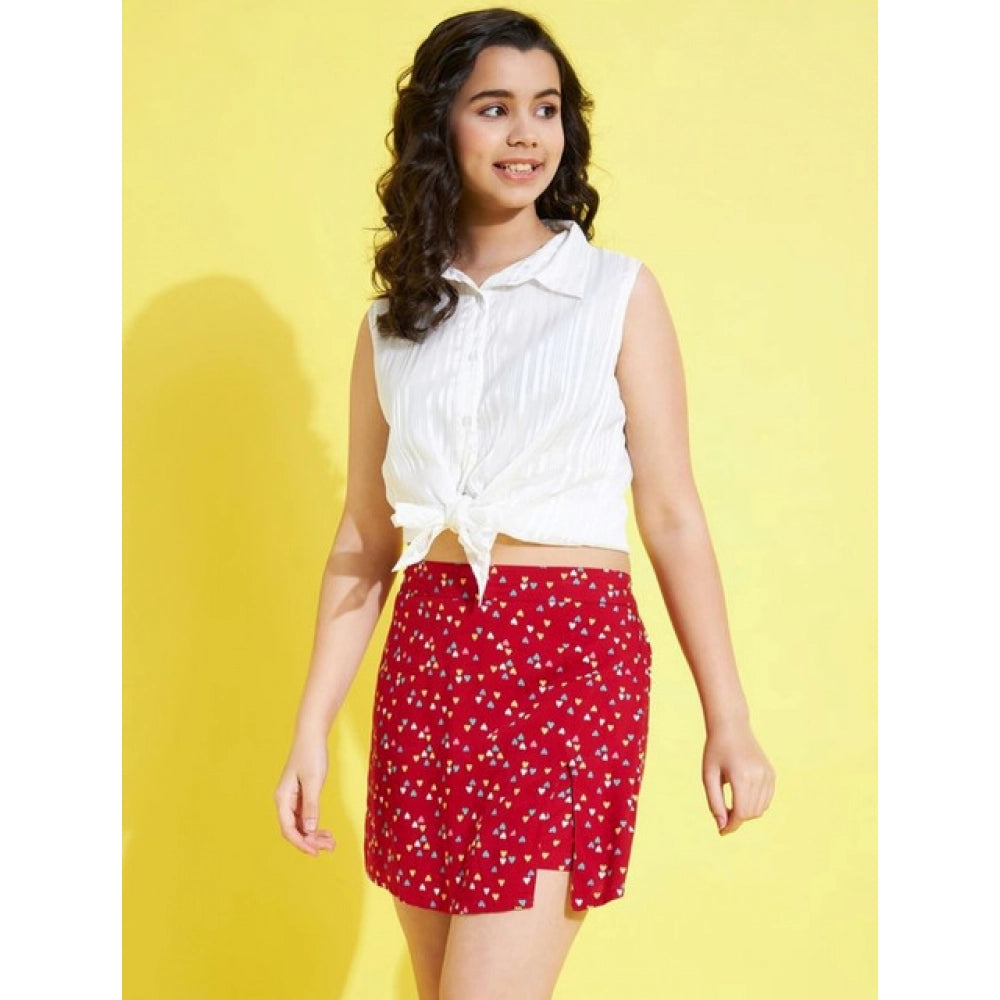 Amfyn Girl's Polyester Lurex Printed Sleeveless Skorts Set (White-Red)