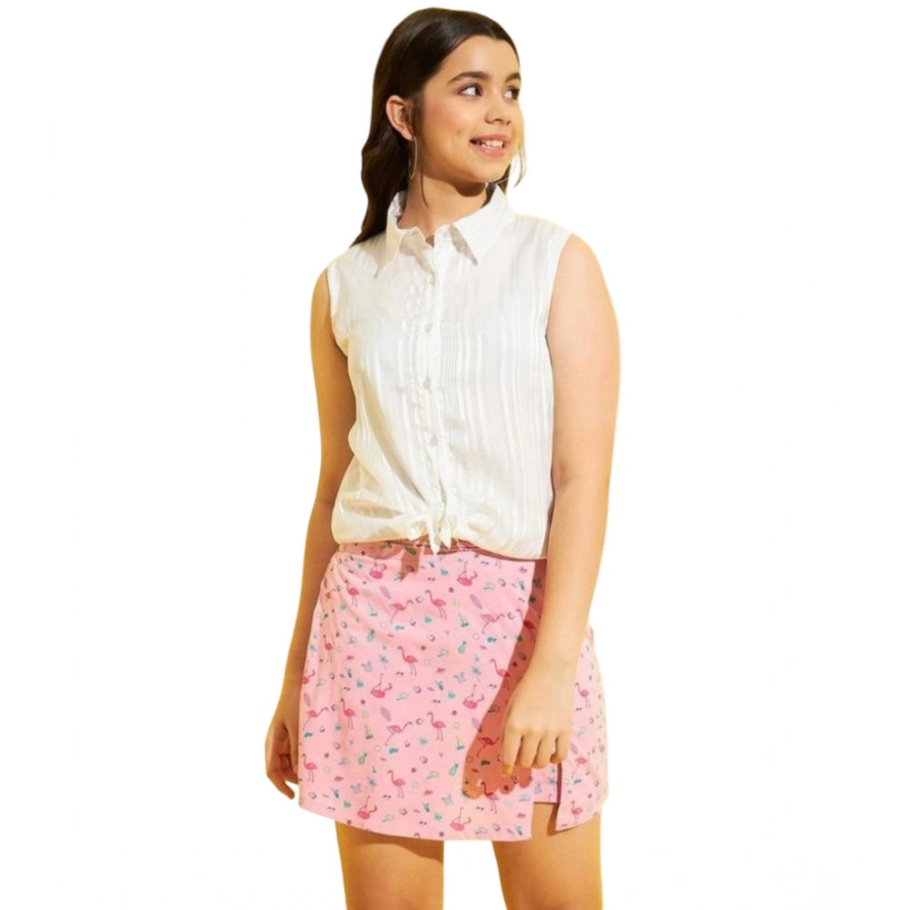 Amfyn Girl's Polyester Lurex Printed Sleeveless Top Set (Pink-White)