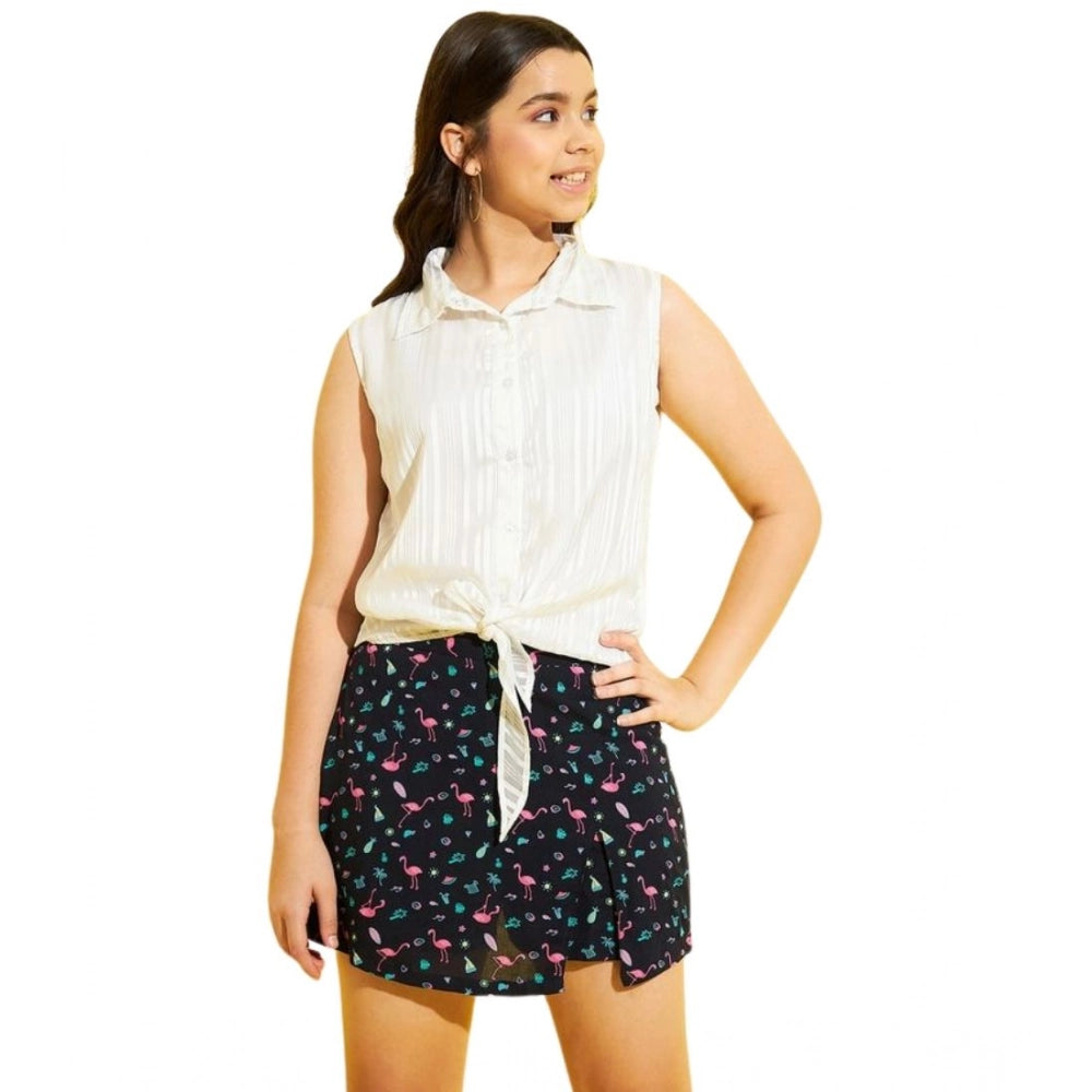 Amfyn Girl's Polyester Lurex Printed Sleeveless Top Set (White-Navy)