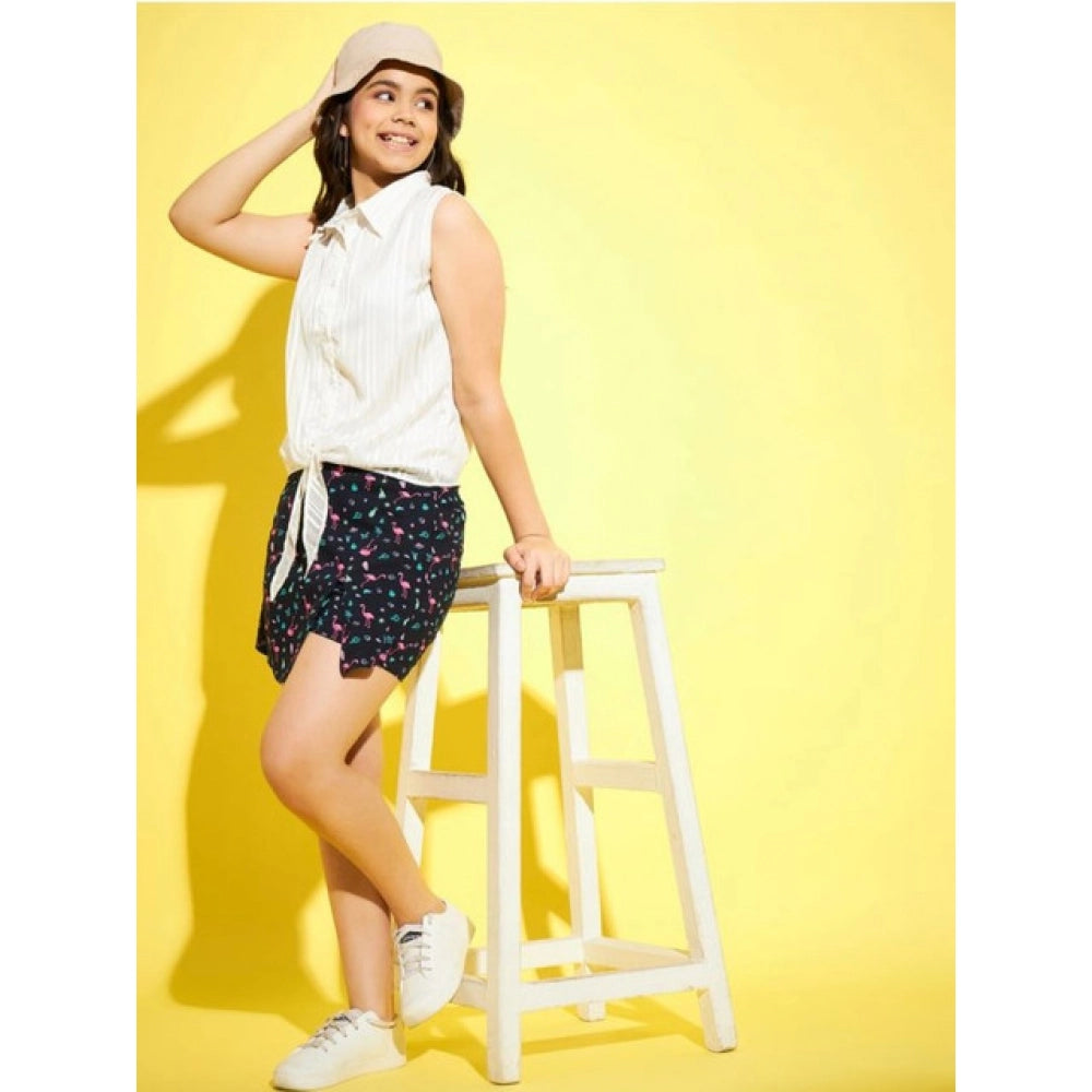 Amfyn Girl's Polyester Lurex Printed Sleeveless Top Set (White-Navy)