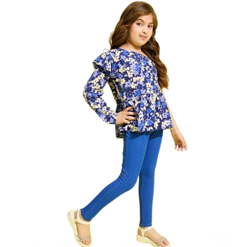 Amfyn Girl's Polyester Floral One Shoulder Jeggings Set (Blue)