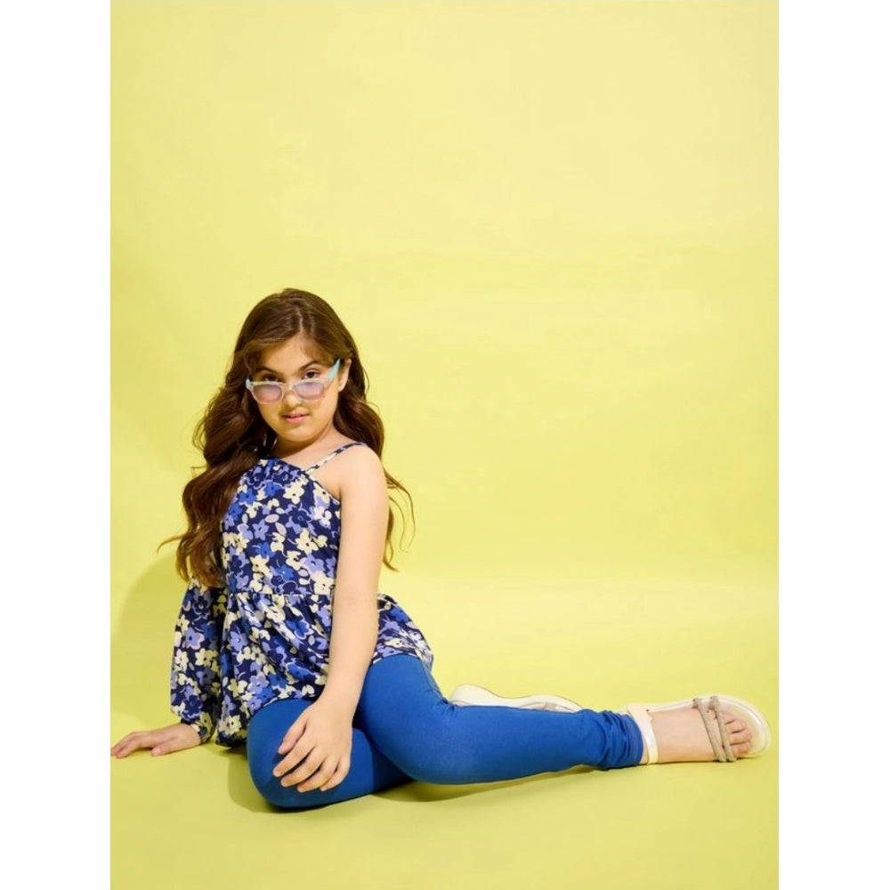 Amfyn Girl's Polyester Floral One Shoulder Jeggings Set (Blue)