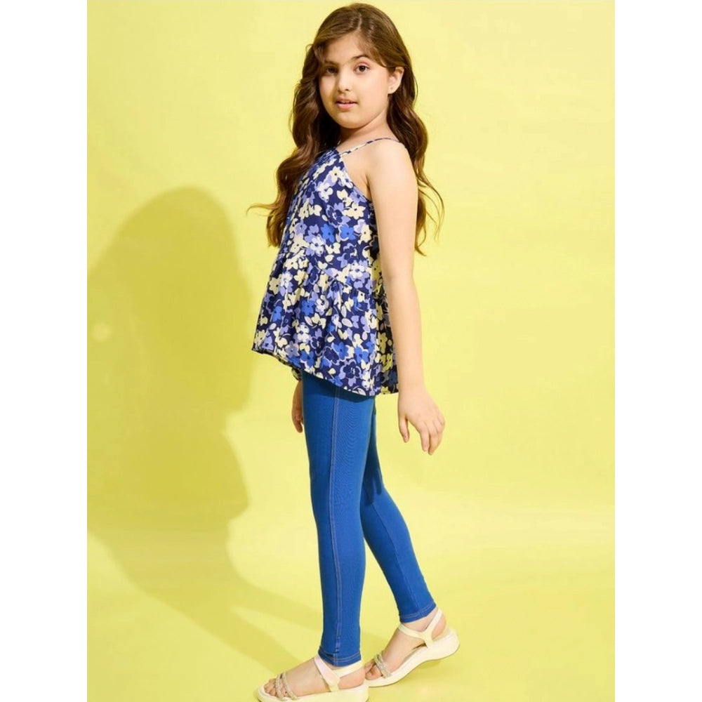Amfyn Girl's Polyester Floral One Shoulder Jeggings Set (Blue)