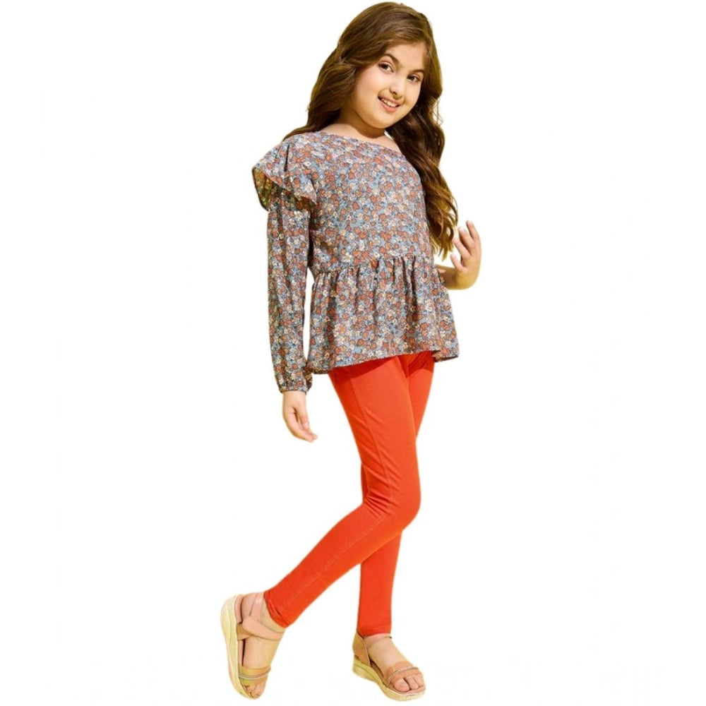 Amfyn Girl's Polyester Floral One Shoulder Jeggings Set (Grey-Orange)