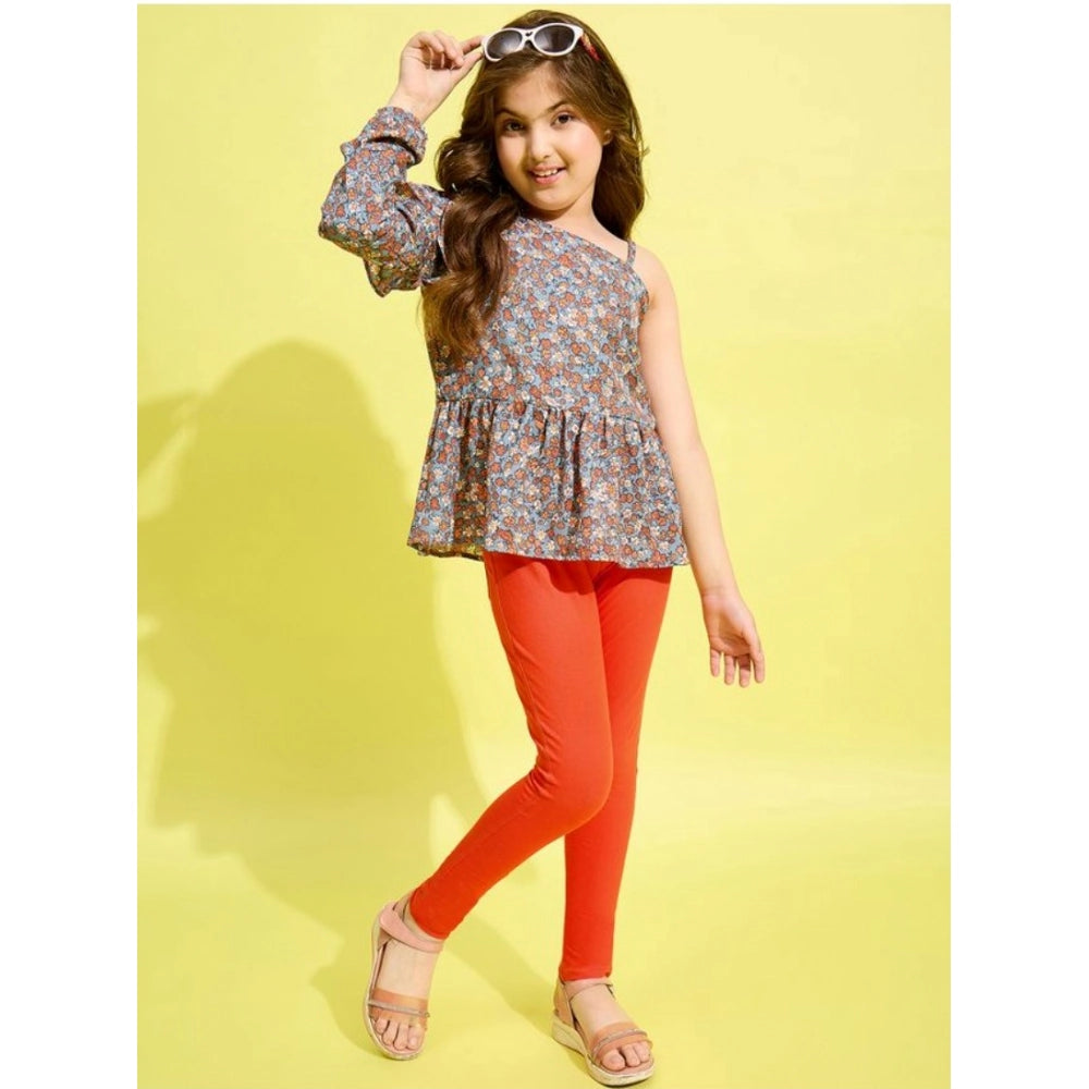Amfyn Girl's Polyester Floral One Shoulder Jeggings Set (Grey-Orange)