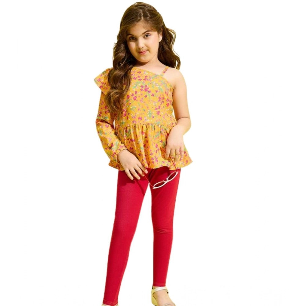 Amfyn Girl's Polyester Floral One Shoulder Jeggings Set (Yellow-Red)