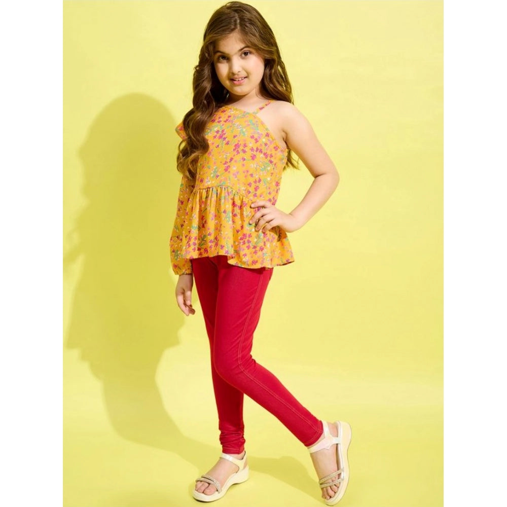 Amfyn Girl's Polyester Floral One Shoulder Jeggings Set (Yellow-Red)