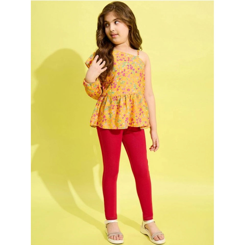 Amfyn Girl's Polyester Floral One Shoulder Jeggings Set (Yellow-Red)