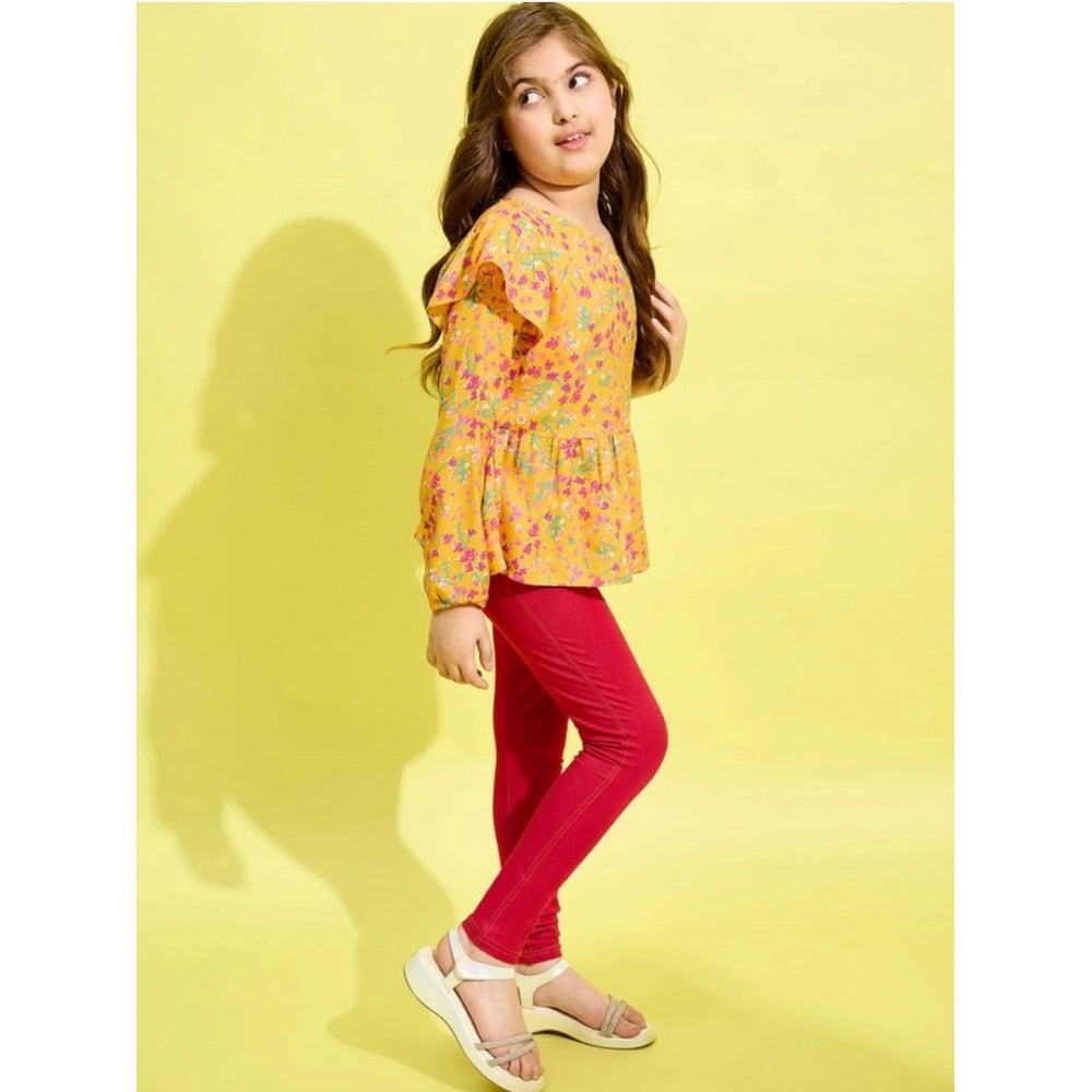 Amfyn Girl's Polyester Floral One Shoulder Jeggings Set (Yellow-Red)