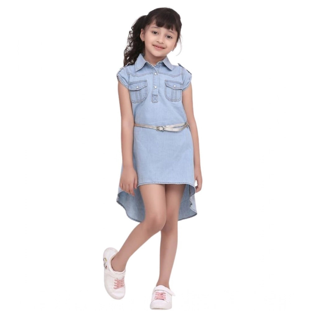 Amfyn Girl's Denim Hi Lo Short Sleeve Dress with Belt (Blue)