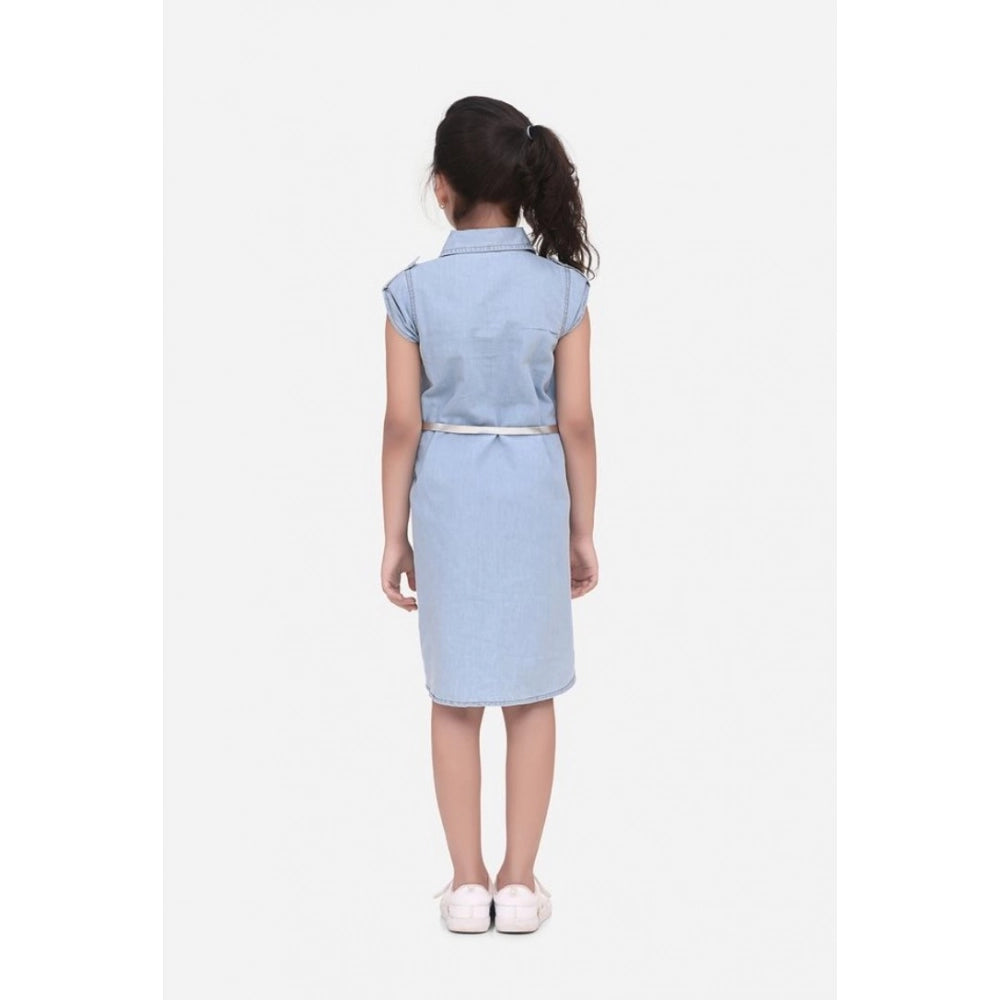 Amfyn Girl's Denim Hi Lo Short Sleeve Dress with Belt (Blue)