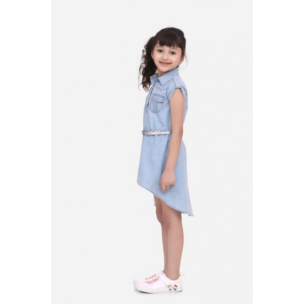Amfyn Girl's Denim Hi Lo Short Sleeve Dress with Belt (Blue)