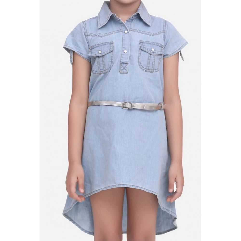 Amfyn Girl's Denim Hi Lo Short Sleeve Dress with Belt (Blue)