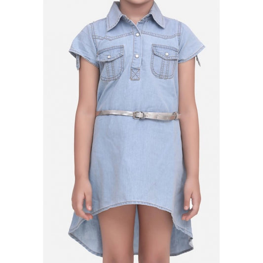 Amfyn Girl's Denim Hi Lo Short Sleeve Dress with Belt (Blue)