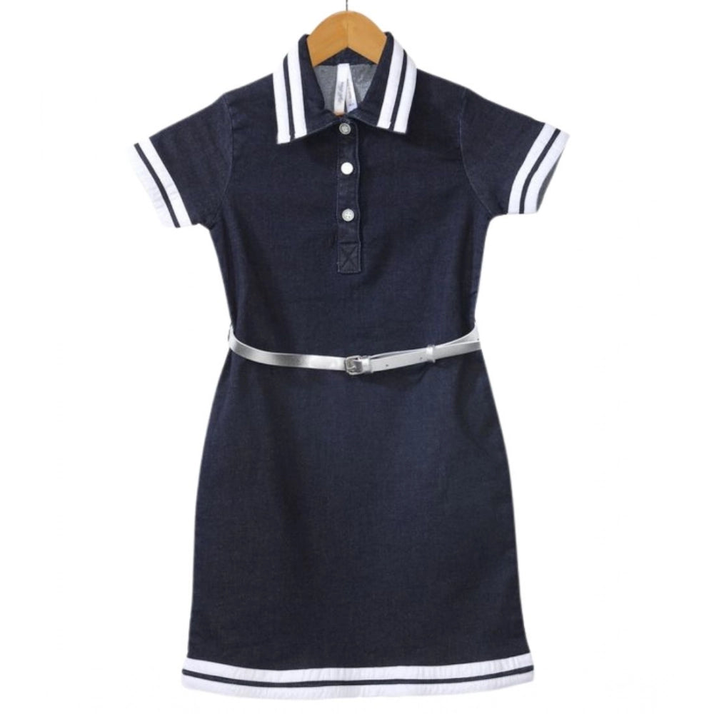 Amfyn Girl's Denim Lycra Ribbed Elasticated Dress with Belt (Navy Blue-White)