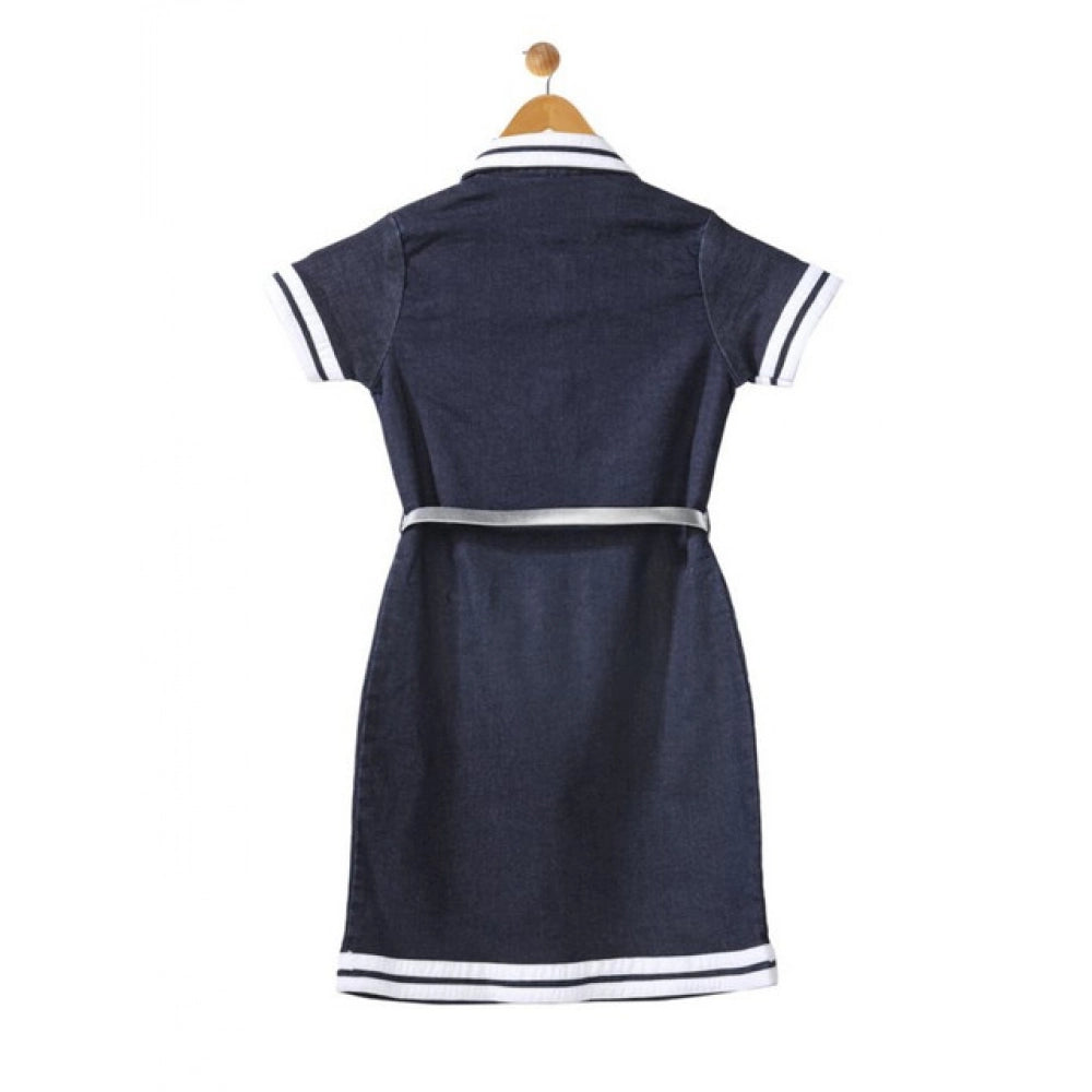 Amfyn Girl's Denim Lycra Ribbed Elasticated Dress with Belt (Navy Blue-White)
