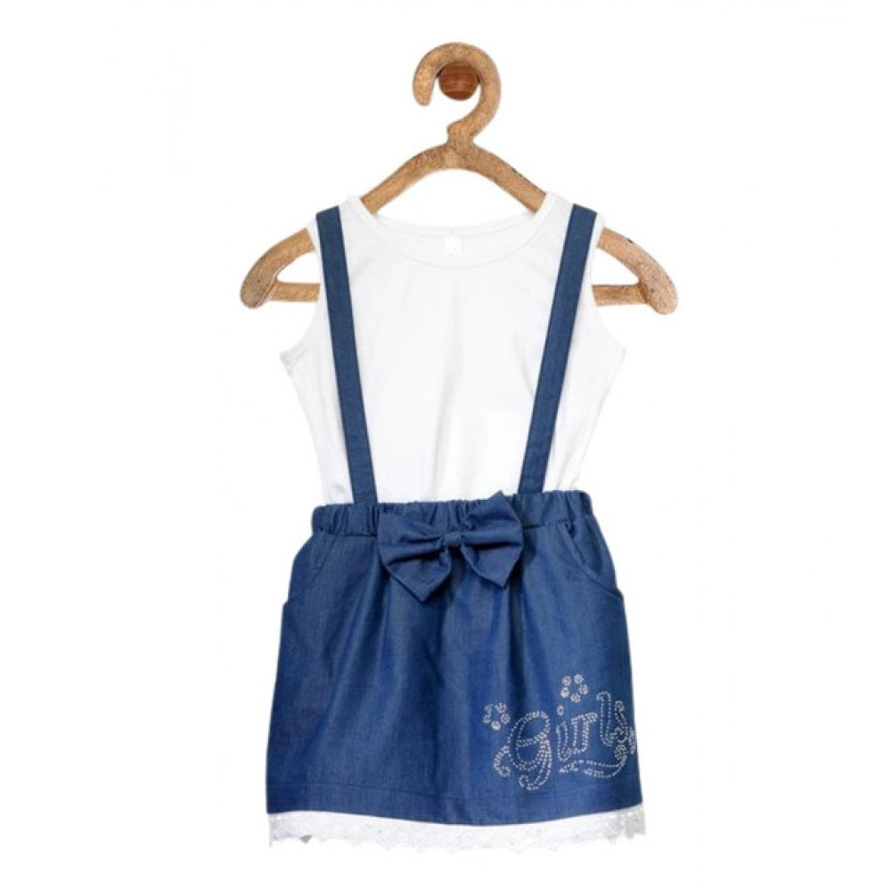 Amfyn Girl's Denim Embellished Sleeveless Skirt with inner (Dark Blue)