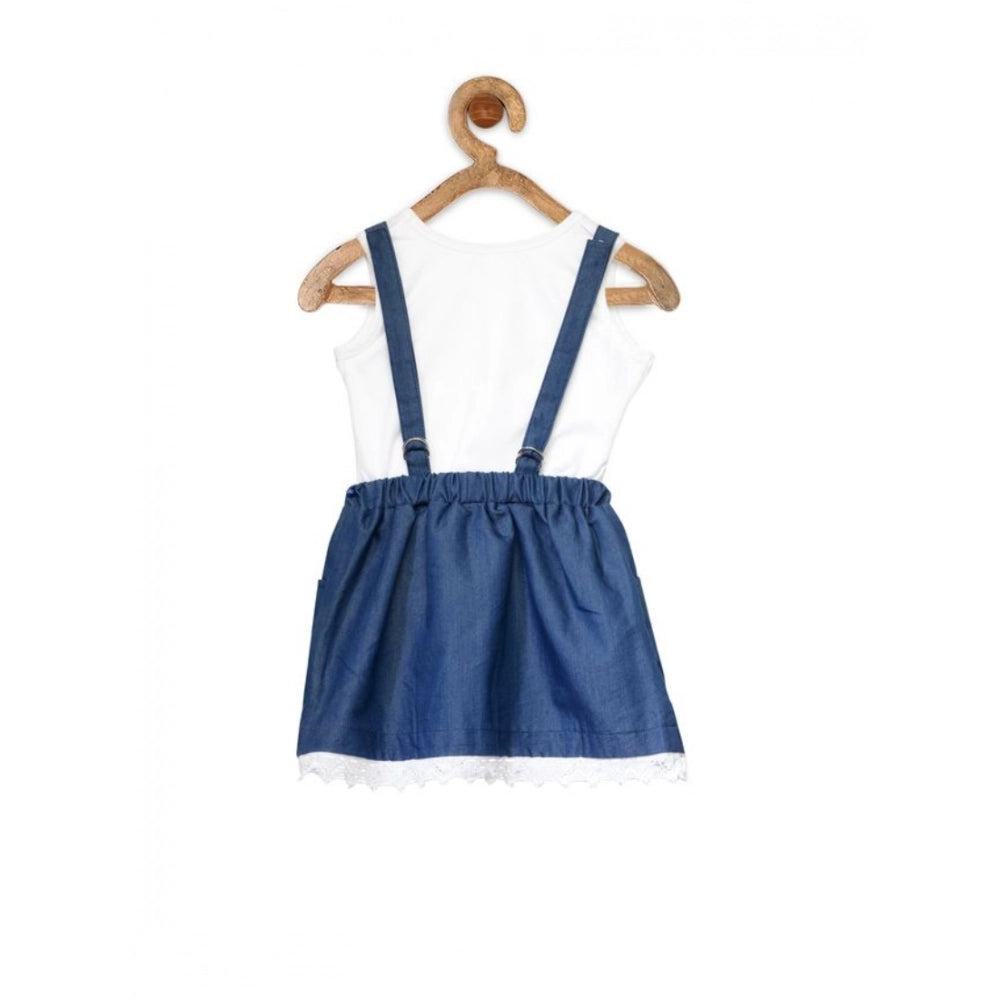 Amfyn Girl's Denim Embellished Sleeveless Skirt with inner (Dark Blue)