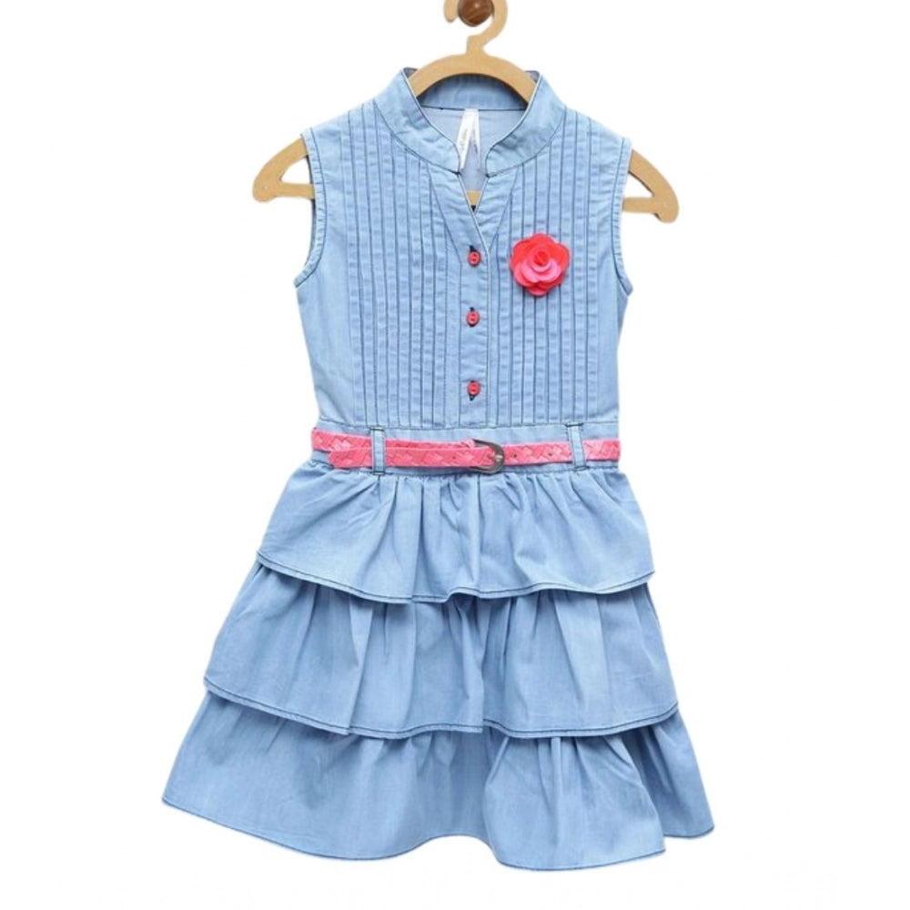 Amfyn Girl's Denim Embellished Sleeveless Dress with Belt (Light Blue)