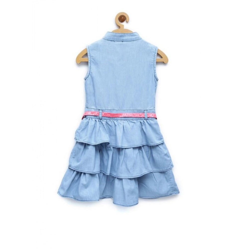Amfyn Girl's Denim Embellished Sleeveless Dress with Belt (Light Blue)