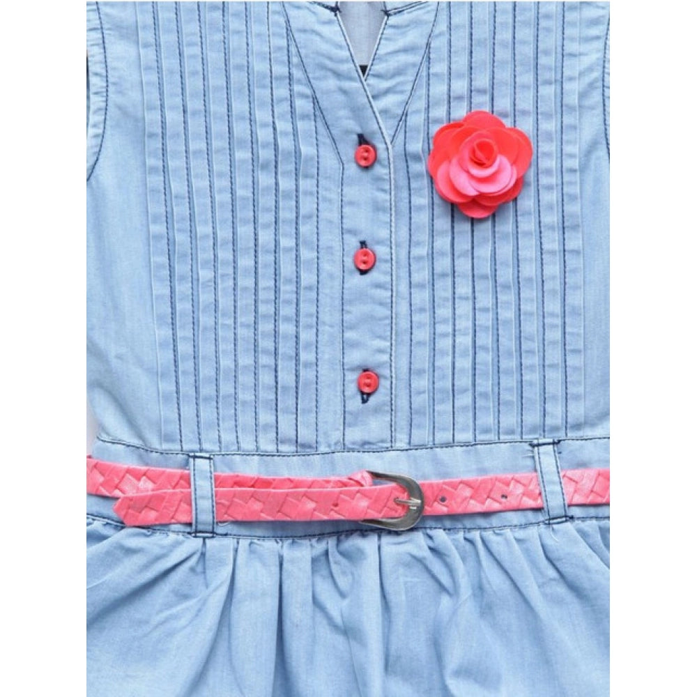 Amfyn Girl's Denim Embellished Sleeveless Dress with Belt (Light Blue)