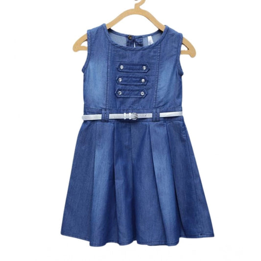 Amfyn Girl's Denim Embellished Sleeveless Dress with Belt (Blue)