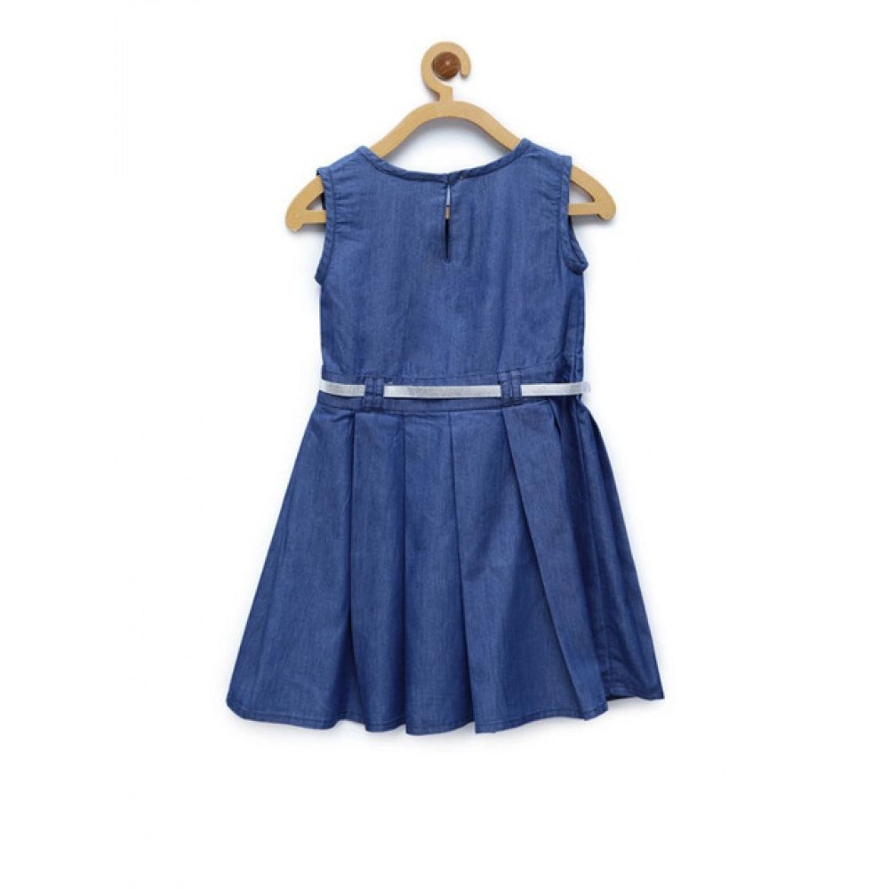 Amfyn Girl's Denim Embellished Sleeveless Dress with Belt (Blue)
