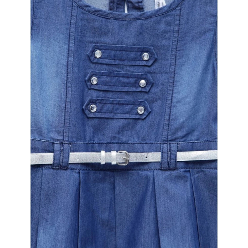 Amfyn Girl's Denim Embellished Sleeveless Dress with Belt (Blue)