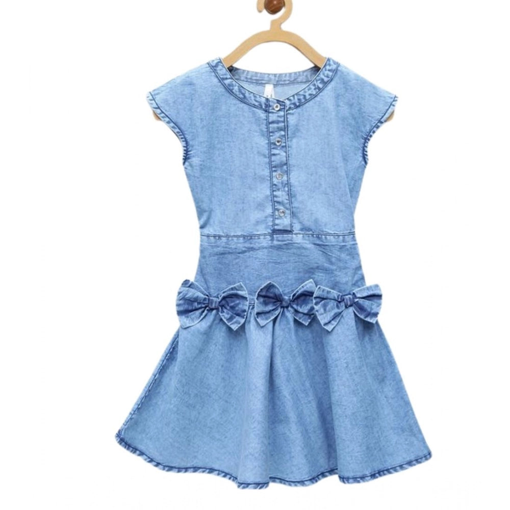 Amfyn Girl's Denim Embellished Cap Sleeve bow Dress (Light Blue)