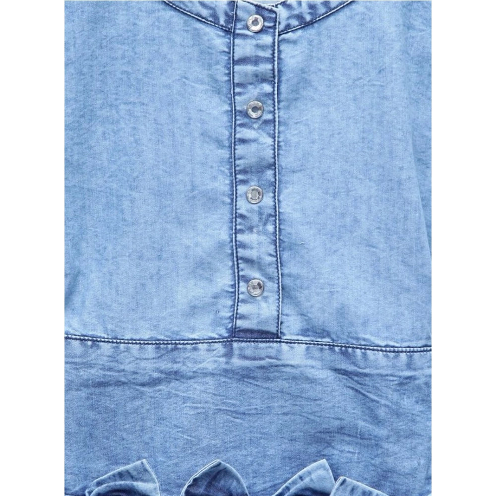 Amfyn Girl's Denim Embellished Cap Sleeve bow Dress (Light Blue)