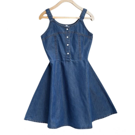 Amfyn Girl's Denim Printed Short Sleeve Dress with Straps (Blue)