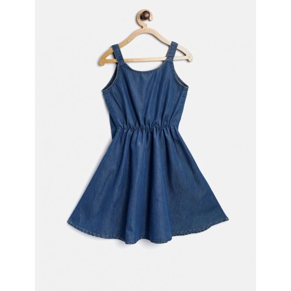 Amfyn Girl's Denim Printed Short Sleeve Dress with Straps (Blue)