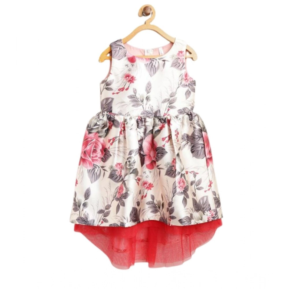 Amfyn Girl's Polyester &amp; Net Inset Sleeveless Dress with Net Inset (Off White)