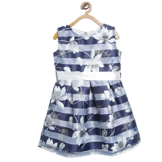 Amfyn Girl's Polyester Striped Sleeveless Dress (Navy Blue)