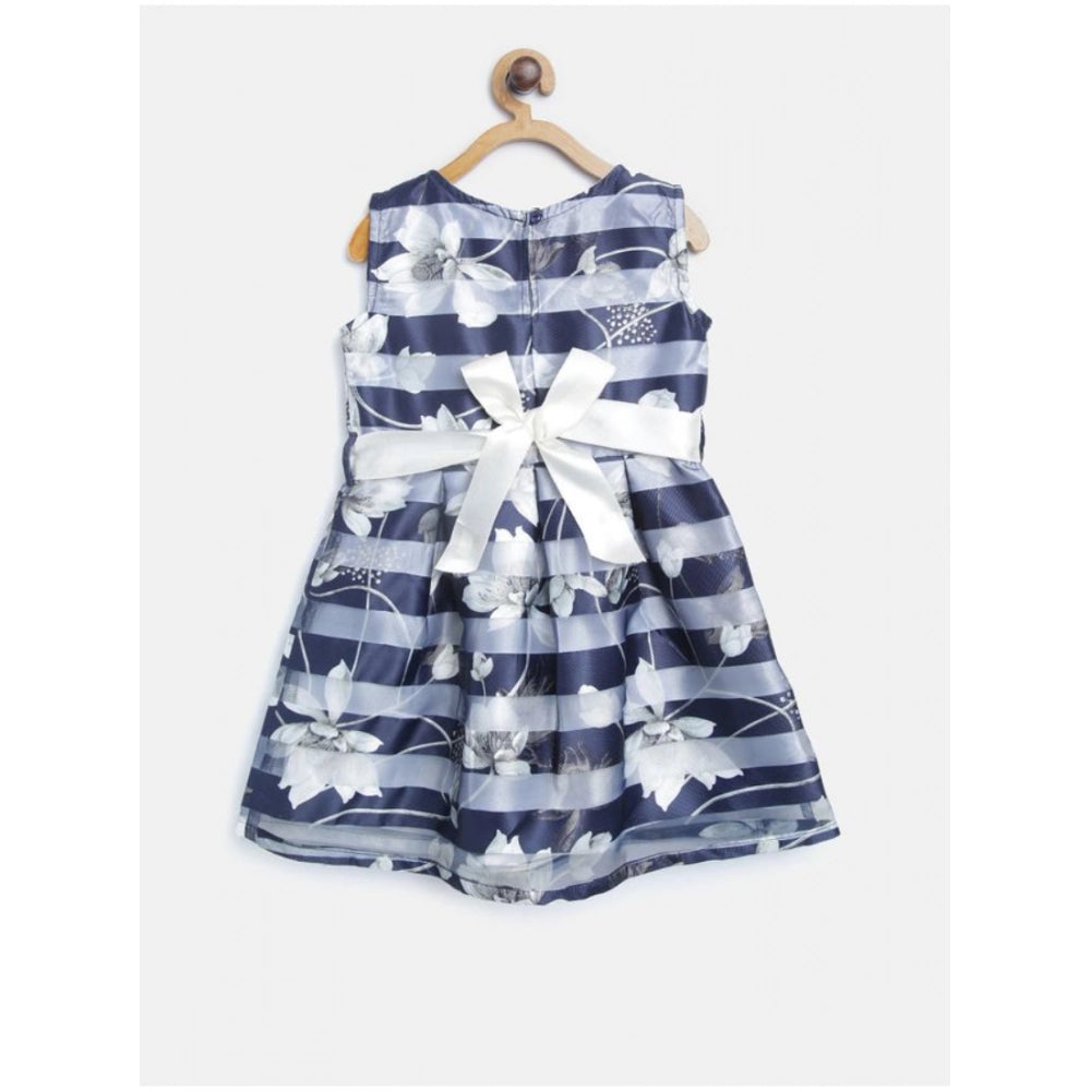 Amfyn Girl's Polyester Striped Sleeveless Dress (Navy Blue)