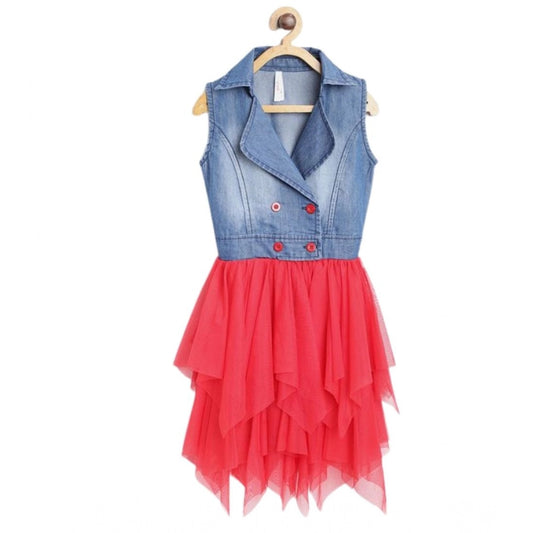 Amfyn Girl's Denim Roll Up Buttoned Dress (Blue-Red)