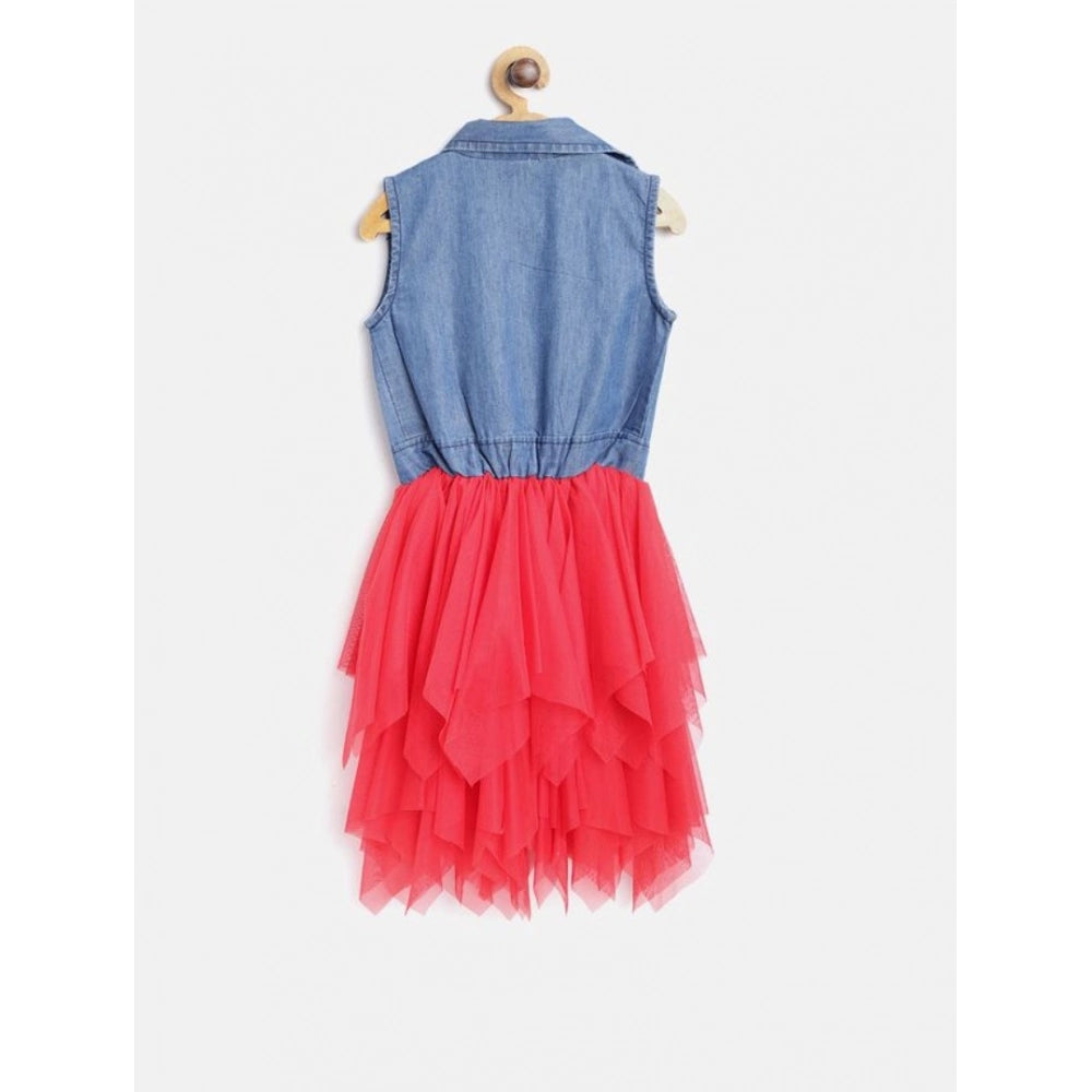 Amfyn Girl's Denim Roll Up Buttoned Dress (Blue-Red)