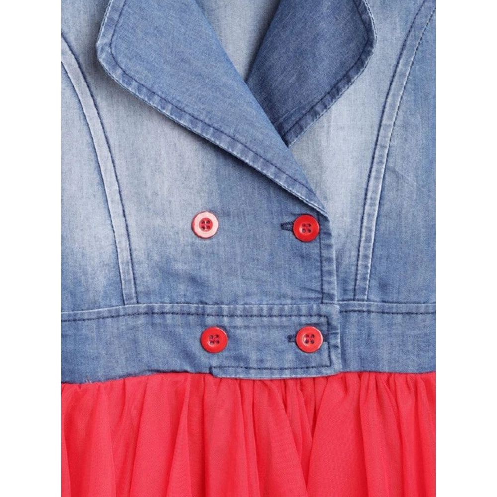 Amfyn Girl's Denim Roll Up Buttoned Dress (Blue-Red)