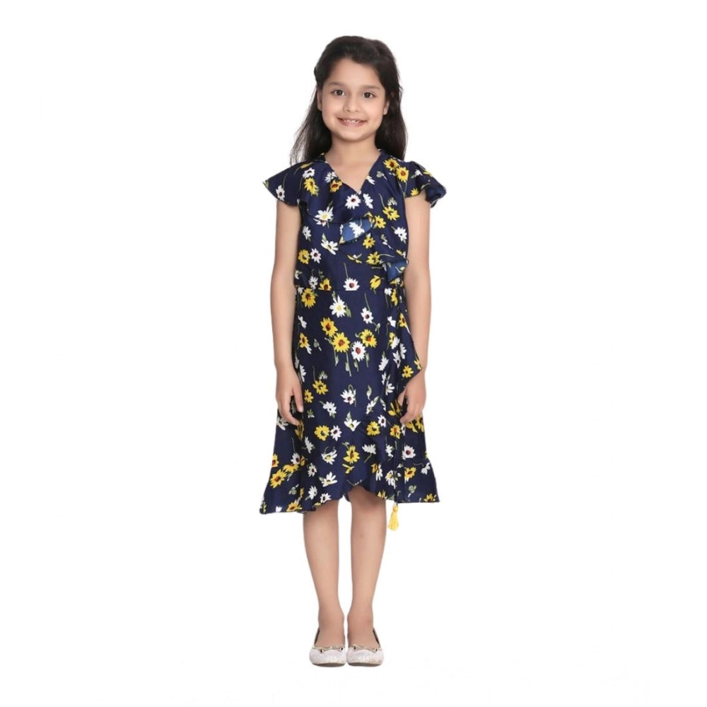 Amfyn Girl's Polyester Crepe Polka Cold Shoulder Dress (Navy Blue)
