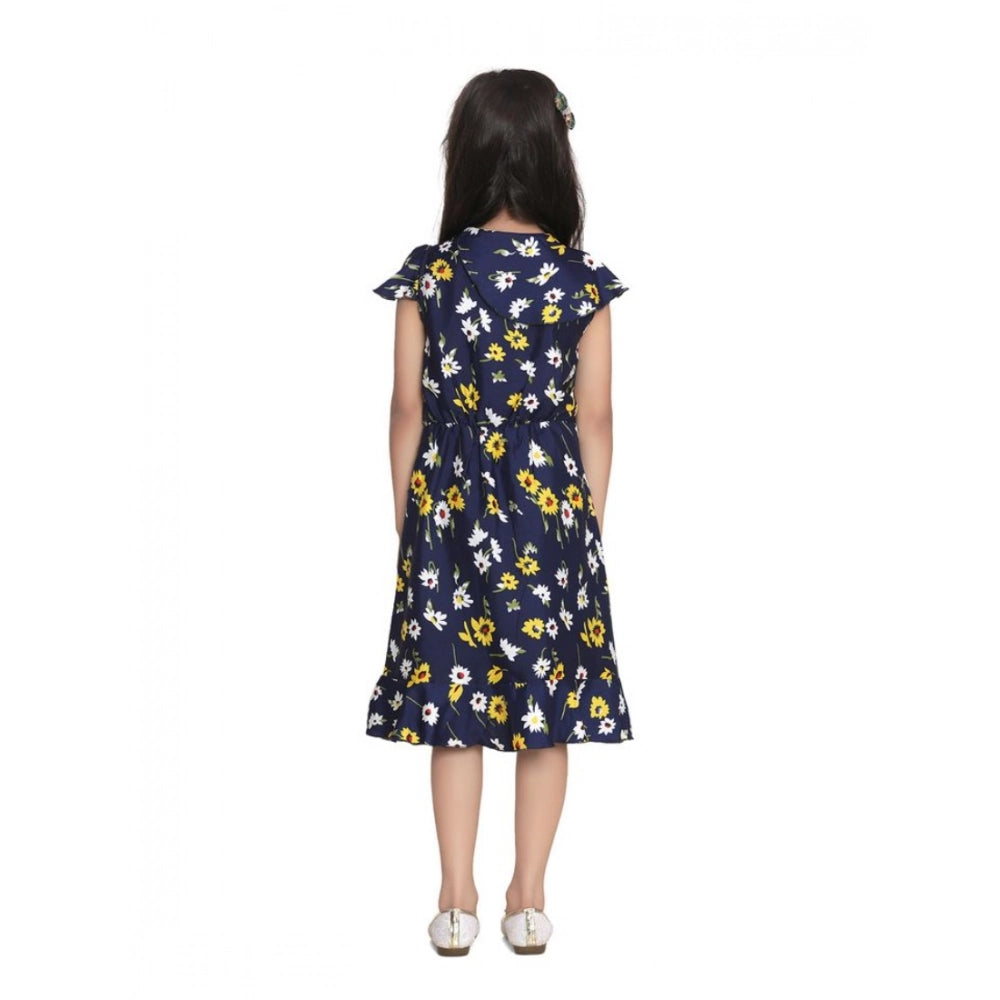 Amfyn Girl's Polyester Crepe Polka Cold Shoulder Dress (Navy Blue)