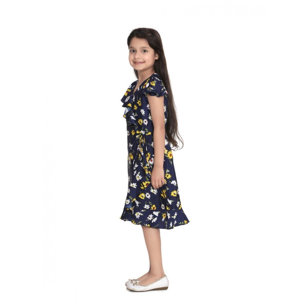 Amfyn Girl's Polyester Crepe Polka Cold Shoulder Dress (Navy Blue)