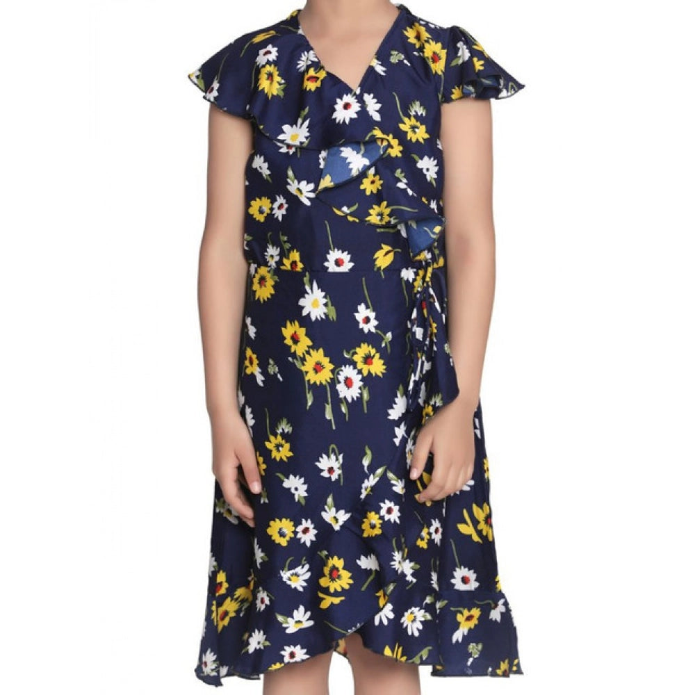 Amfyn Girl's Polyester Crepe Polka Cold Shoulder Dress (Navy Blue)
