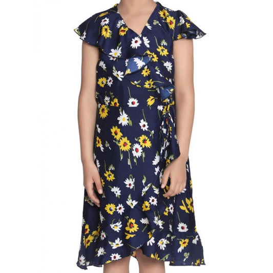 Amfyn Girl's Polyester Crepe Polka Cold Shoulder Dress (Navy Blue)