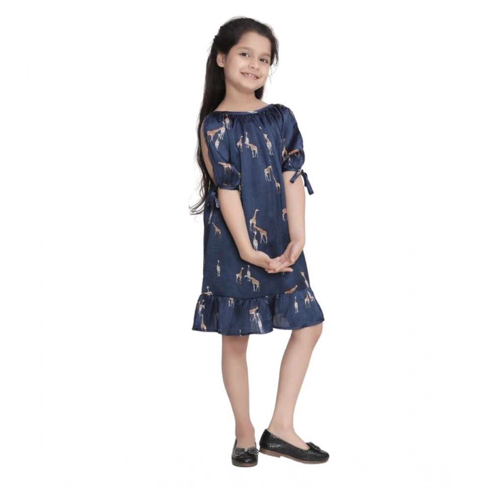 Amfyn Girl's Satin Animal Print Sleeveless Dress (Blue)