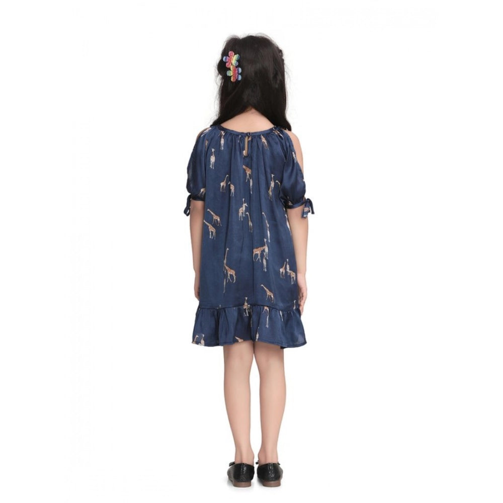 Amfyn Girl's Satin Animal Print Sleeveless Dress (Blue)