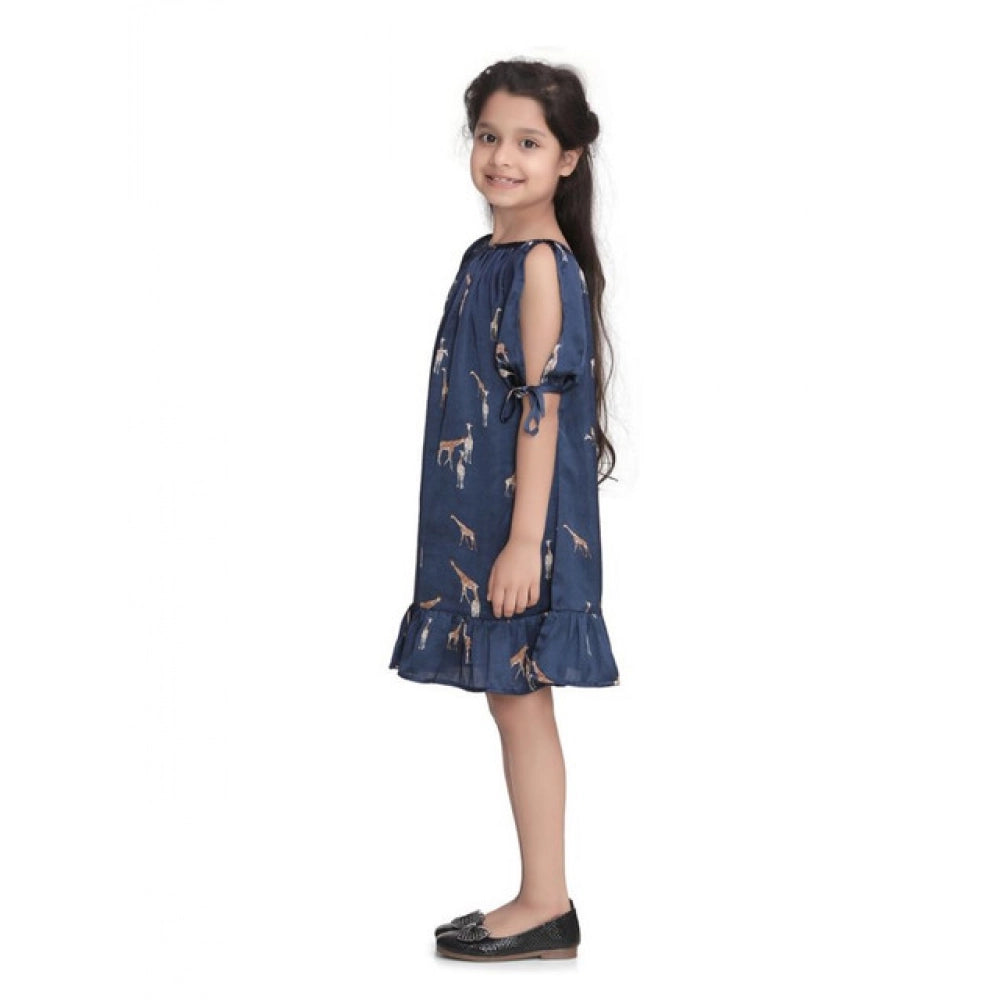 Amfyn Girl's Satin Animal Print Sleeveless Dress (Blue)