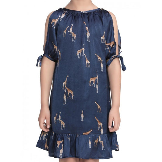 Amfyn Girl's Satin Animal Print Sleeveless Dress (Blue)