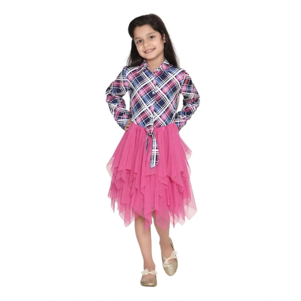 Amfyn Girl's Polyster Crepe Lace Inserts Long Sleeves Dress (Pink-Blue)