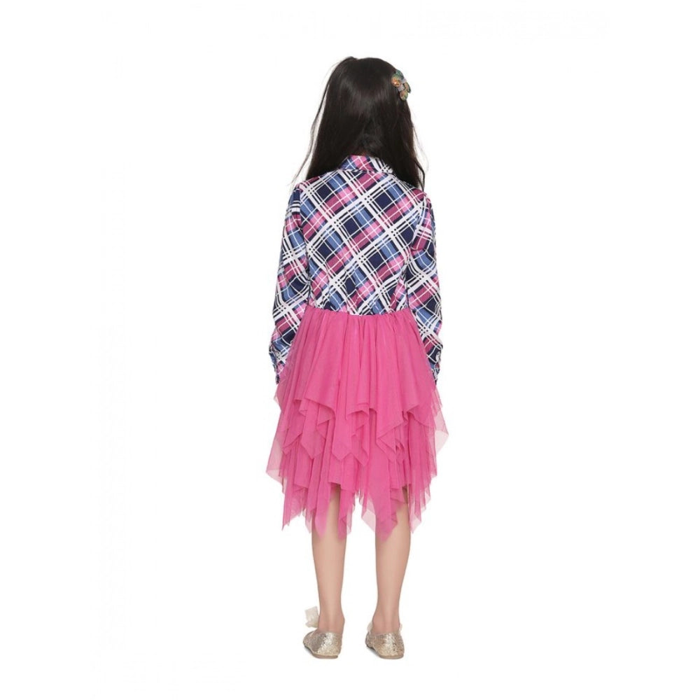 Amfyn Girl's Polyster Crepe Lace Inserts Long Sleeves Dress (Pink-Blue)