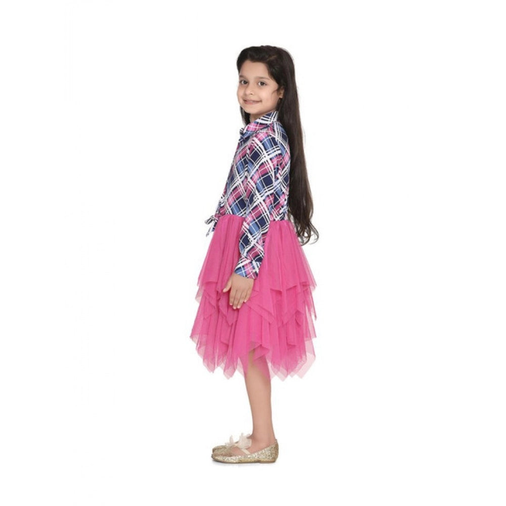 Amfyn Girl's Polyster Crepe Lace Inserts Long Sleeves Dress (Pink-Blue)